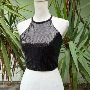 Black Sequin Halter Crop Top